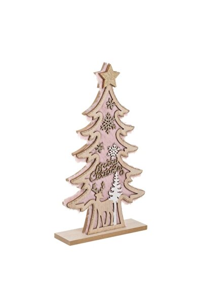 OEM Wooden Christmas Tree with Nude Pink Faux Fur & Decorative Reindeer 16x30cm