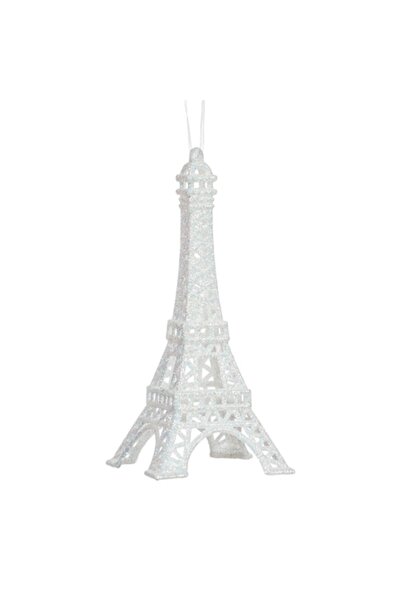 SHOPIENS Ornament Brad de Craciun Turnul Eiffel cu Glitter Alb Irizat 6.7x15cm