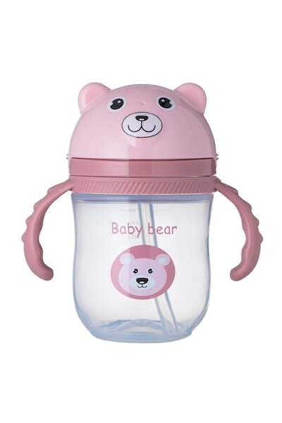 OEM Ποτήρι εκμάθησης με καλαμάκι και λαβές, ροζ αρκουδάκι Honey Baby - 235 ml
