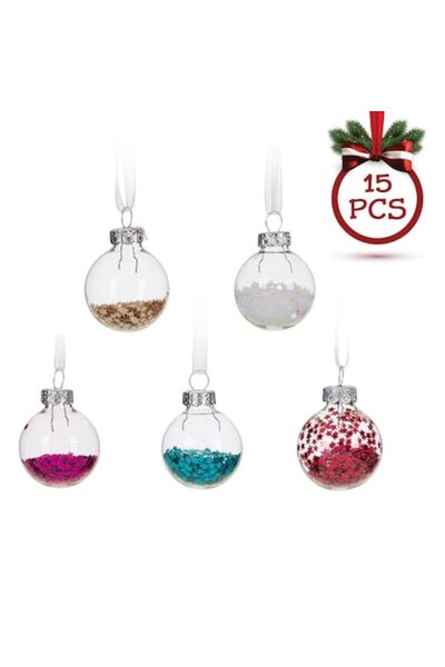 ANTBRO Set globuri de Crăciun din sticlă, transparente cu confetti în formă de stea, 3 cm, multicolore, 15 buc.