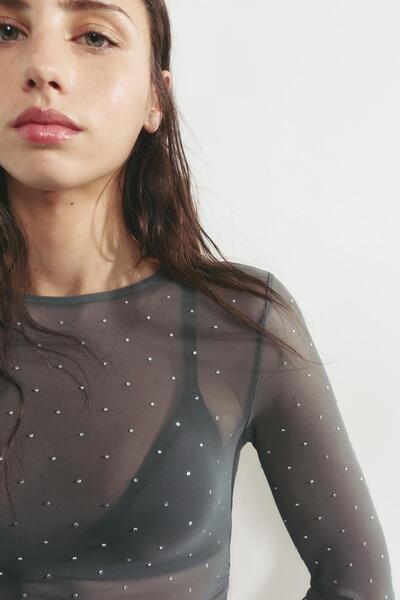 Pull & Bear Rhinestone tulle top