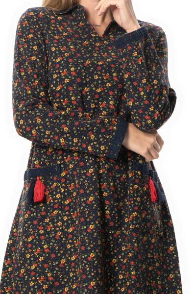 Eliş Şile Bezi Uzun Kol Zuhal Pazen Midi Boy Sonbahar ve Kışlık Elbise Papatya Desen Lacivert Lcvt
