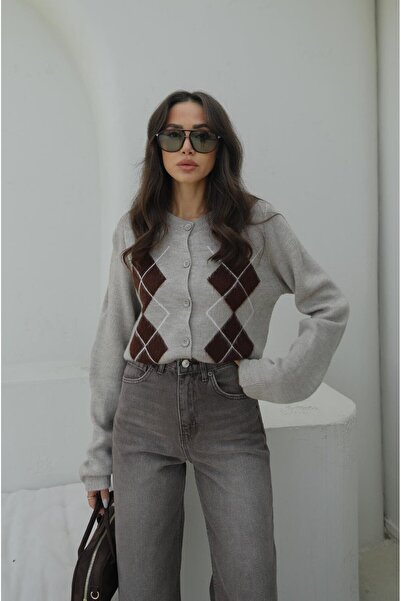 Havoş Beige Kenyon Baklava Patterned Knitwear Cardigan