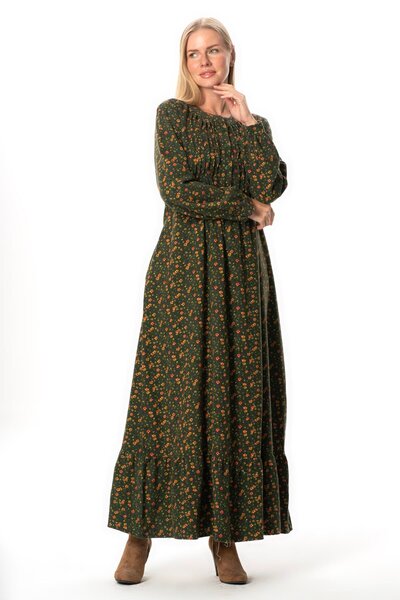 Eliş Şile Bezi Long Sleeve Suede Flannel Buttoned Autumn and Winter Long Dress Green Ysl