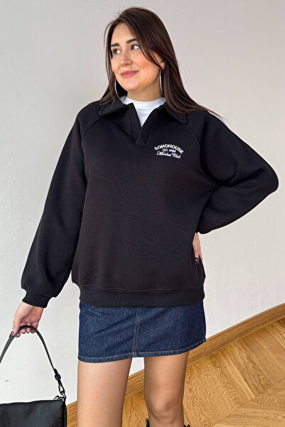 Cappmoda Swt-14284 Black Embroidered Polo Neck Three Thread Raised Sweatshirt