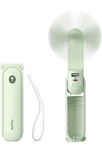 JISULIFE Handheld Fan 3-in-1 Mini USB Rechargeable with Power Bank & Flashlight - Green