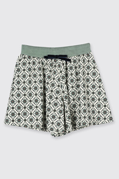 Panço Baby Girl Elastic Waist Bow Detailed Patterned Fabric Green Shorts