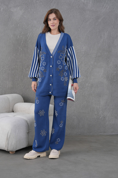 Miss Allos Women's Beaded Wide-Fit Knitwear Cardigan and Pants Bottom-Top Set