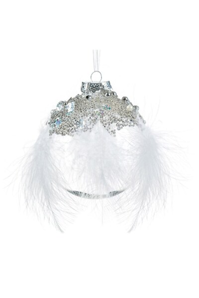 OEM Transparent Christmas bauble with silver strass & white feathers 10cm