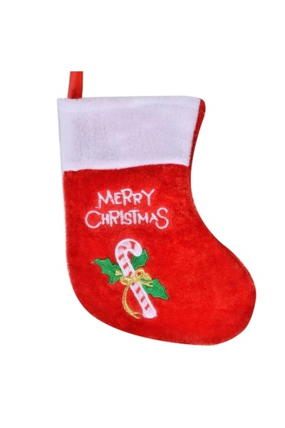 OEM Velvet Red Christmas Stocking Ornament with Candy Cane and Mistletoe, 18x13cm