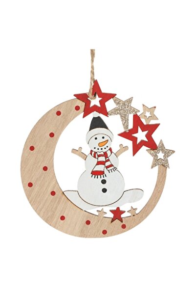 OEM Ornament de Crăciun - Lună din lemn cu stele și om de zăpadă, sclipici, 1...