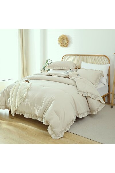 Maki Home Makiteks 100% Cotton Ruffled Beige 240X220+2*(50X70) King Size Duvet Cover and Pillowcase
