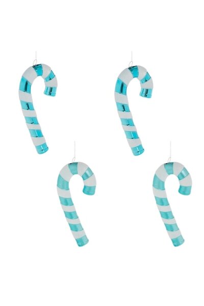 SHOPIENS Set de ornamente de Crăciun în formă de baston de bomboane turcoaz cu dungi holografice albe, 14 cm - 4 buc