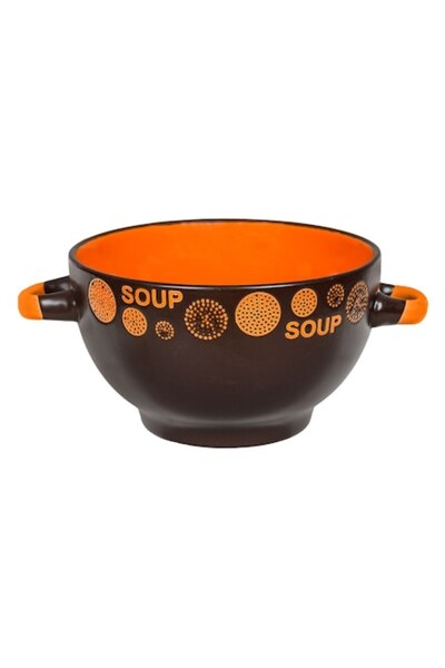 OEM Porcelain brown-orange bowl with circles and dots pattern, with handles, 650ml