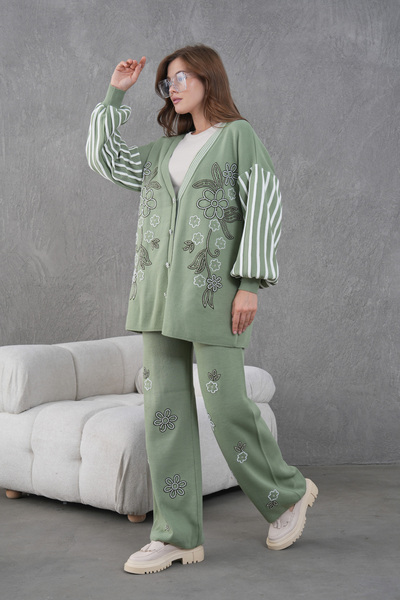 Miss Allos Women's Beaded Wide-Fit Knitwear Cardigan and Pants Bottom-Top Set