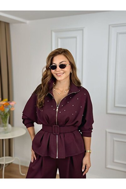 Famel Butik guler ridicat Țesătură modală cu centură cu fermoar