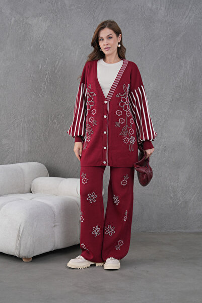 Miss Allos Women's Beaded Wide-Fit Knitwear Cardigan and Pants Bottom-Top Set