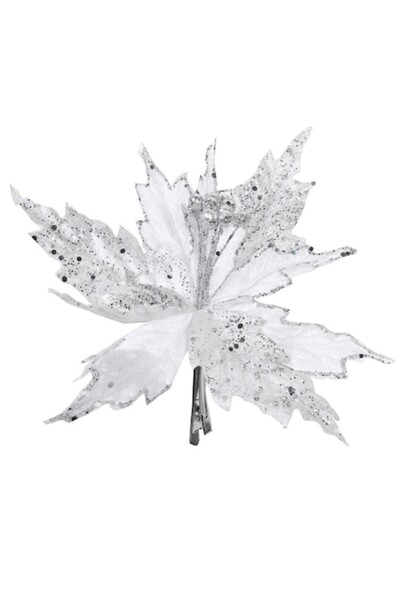 SHOPIENS Floare decorativă de Crăciun cu clemă, catifea albă și sclipici argi...