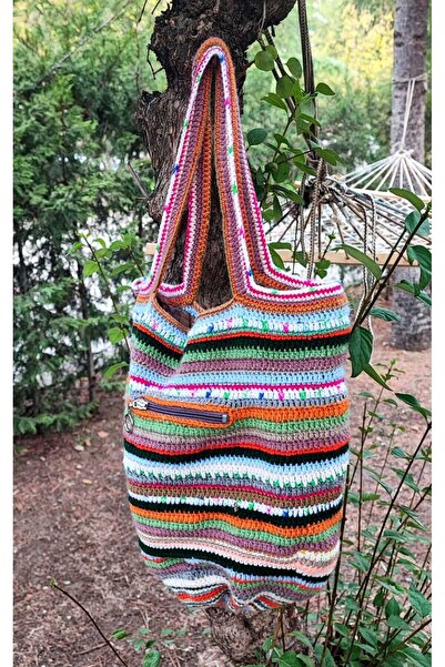 BaharEli Handmade Knitted Bag / Crochet with Colored Orlon-Cotton Yarn / Lined, with Outer Pocket (41X36)