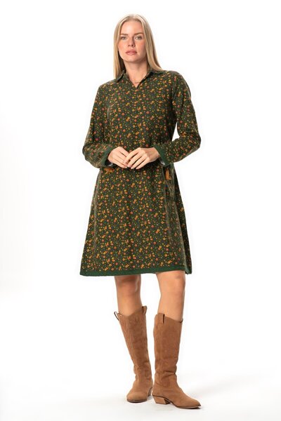 Eliş Şile Bezi Long Sleeve Zuhal Flannel Midi Length Autumn and Winter Dress Daisy Pattern Green Ysl