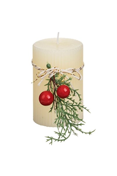 OEM Ecru Christmas candle with embossed stripes & mistletoe Ø5.5x9cm