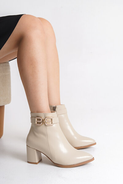 Shu Mhu Thick 6.5 cm Heeled Ankle Buckle Pointed Toe Comfortable Heeled Women's Cream Boots Bootie