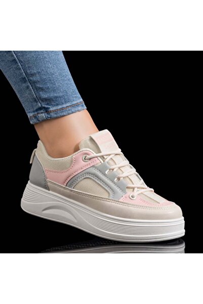 Modlet.ro Women's beige and pink thick-soled canvas shoes MOD09261