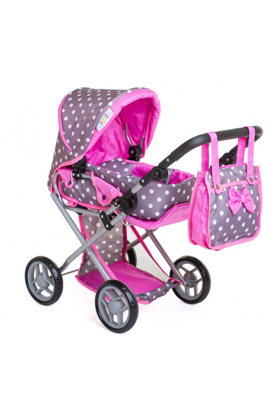 Doris Carucior pliabil pentru papusi Gri/Roz buline 2in1 cu maner si copertina reglabile,saltea de i