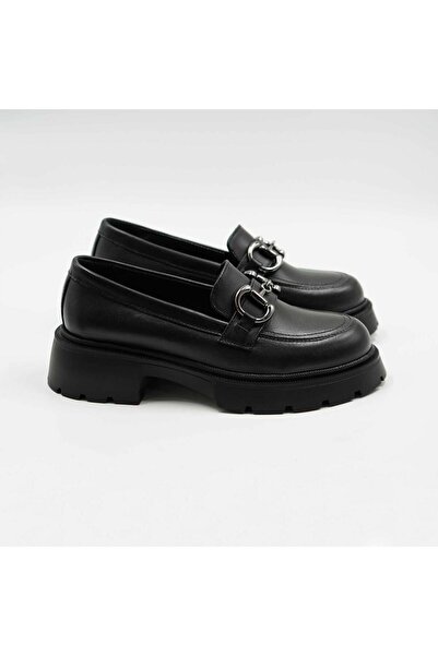 Demalis Women's black loafers with thick sole, genuine leather (model 132)