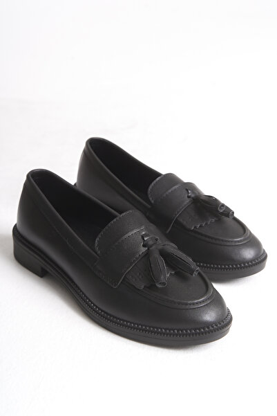 Artgoo Women's College Black Leather Daily Casual Tassel Corcik Loafer Shoes