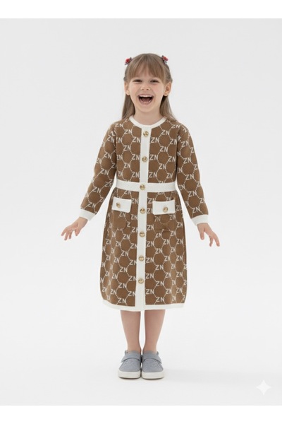 NEWCO Παιδικό πλεκτό φόρεμα με μαλακή υφή με μοτίβο με γράμματα και λεπτομέρεια τσέπης με κουμπιά, ηλικία 10-16 ετών