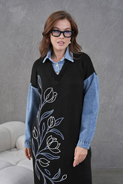 Miss Allos Kadın Kolları Kot Önü Boncuk İşlemeli Geniş Kalıp Uzun Triko Elbise