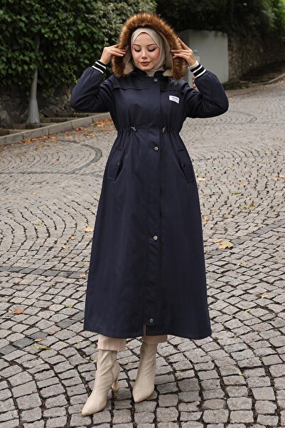 Missvalle Arma Detailed Hooded Coat Navy Blue 19268