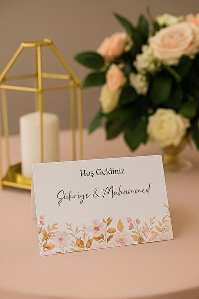 Emtory Home Kuru Çiçekli Nişan Masa Kartı Çift Yön Baskı - 11x16cm - İsme Öze...