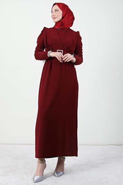 GİYZAMİLA Feather Detail Hijab Dress Claret Red