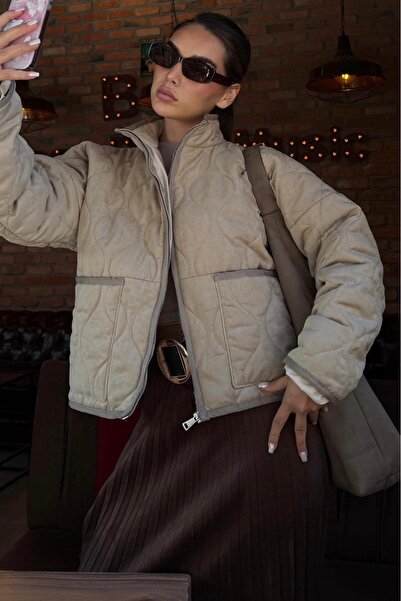 Madmext Μπεζ γυναικείο παλτό με καπιτονέ γιακά MG2568