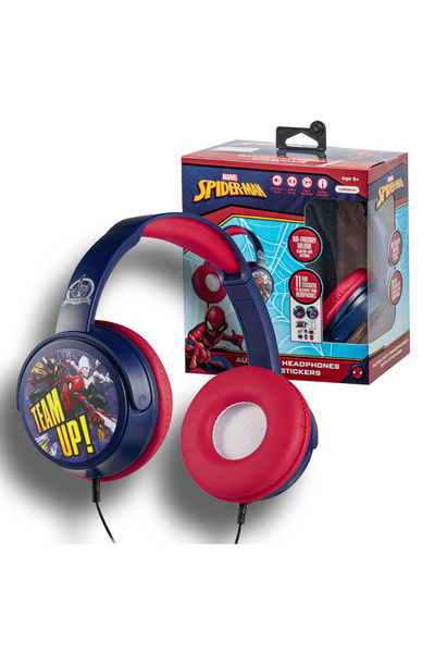 SMD-Volkano Marvel Spiderman Wired Auxiliary Headphones for Kids, Soft Padded On-Ear Headset with 11 Fun Sticker
