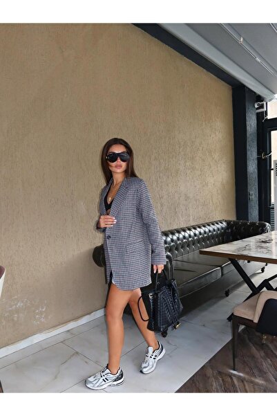 Lavanta Tekstil Gri Astarlı Dirsek Detaylı Tek Düğme Kruvaze Blazer Ceket