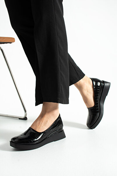 SHOW LİFE Black Suede Wedge Heel Ballerinas / Daily Comfortable and Stylish Platform Sole Women's Shoes