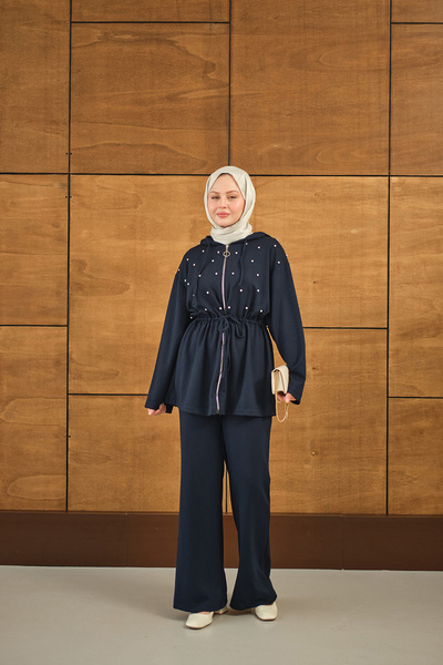 LOCCO Γυναικεία Πέτρινη Λεπτομέρεια με κουκούλα Σετ Ναυτικό Μπλε