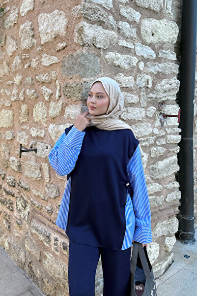 LOCCO Γυναικείο πουκάμισο με κουμπιά στο πλάι με λεπτομέρεια σε μπλε ναυτικό