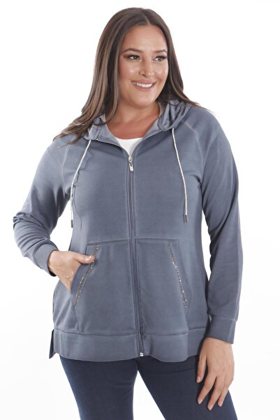 Metpoint Trend42plus Büyük Beden Kapüşonlu Cep Detaylı ve Batik Yıkamalı Lacivert Sweatshirt