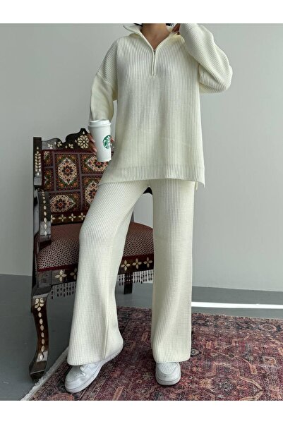 CARLA MARA Zipper Detail Upper and Lower Knitwear Set Ecru