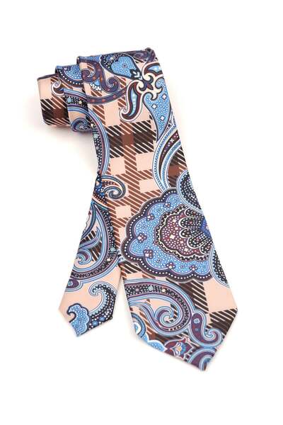 6AM Ceremony Classic beige tie with paisley print and blue checks