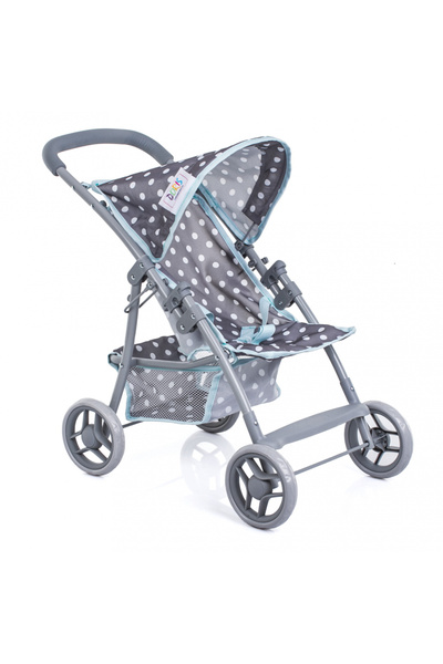Doris Sports stroller for dolls Turquoise/Grey dots with EVA foam wheels, folding aluminum frame