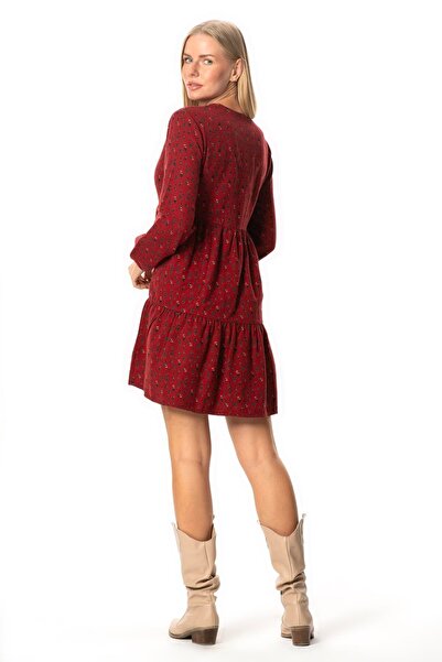 Eliş Şile Bezi Uzun Kol Alara Çiçek Desenli V Yaka Pazen Kısa Kışlık Elbise Bordo Brd