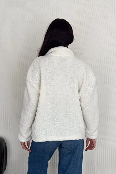 TİLLE Palton de damă, ecru-albastru, cu cu secțiuni fermoar, din pluș de miel