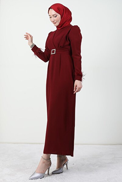 GİYZAMİLA Feather Detail Hijab Dress Claret Red
