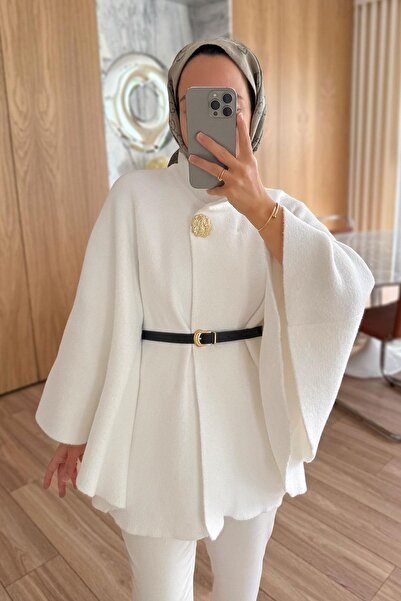 Ka Hijab Kemerli Sakallı Panço - Beyaz