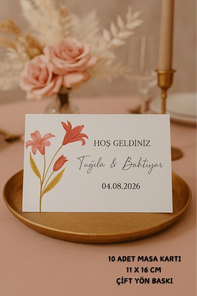 Emtory Home Zambak Nişan Masa Kartı Çift Yön Baskı - 11x16cm - İsme Özel - Ni...